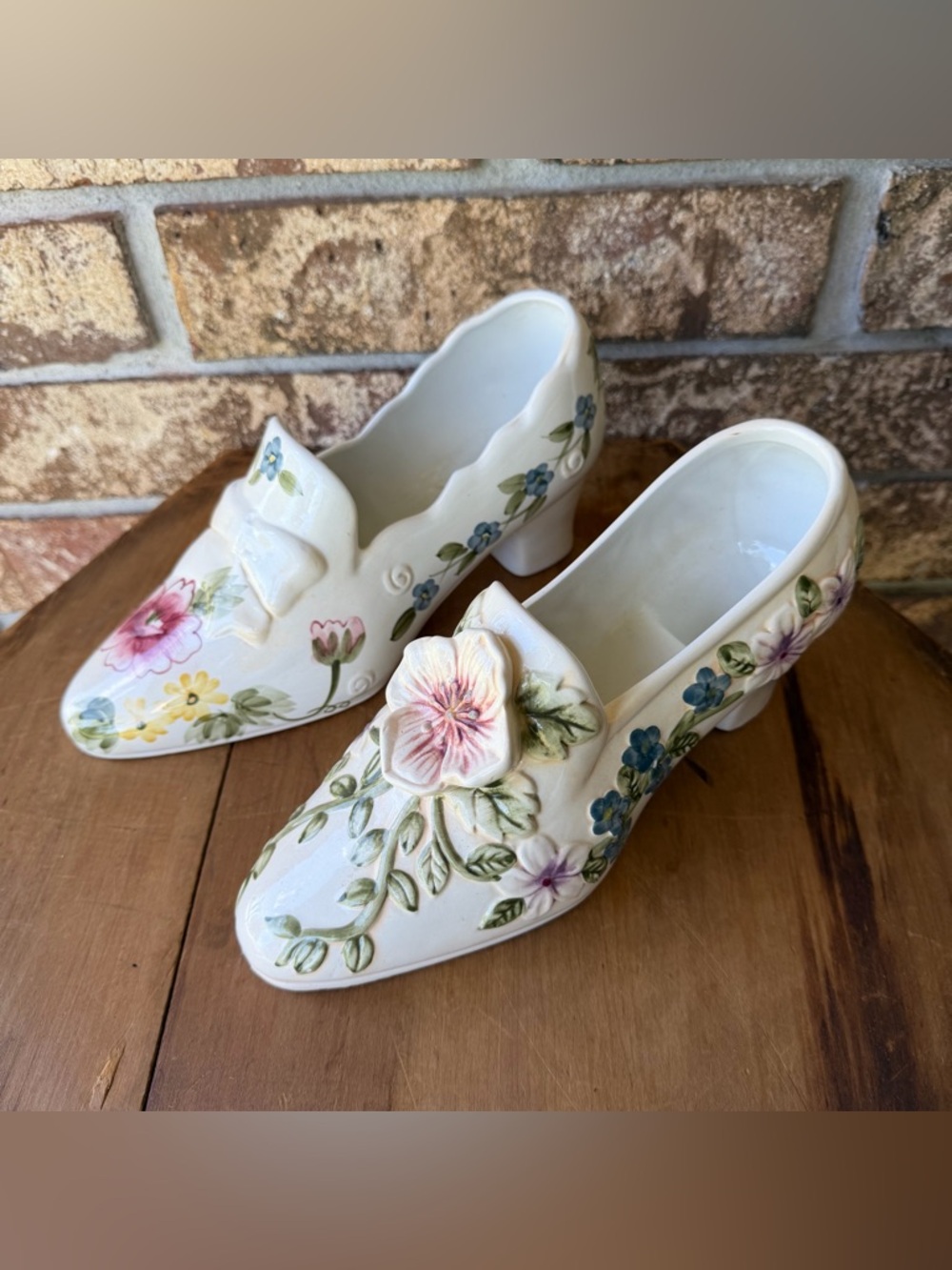 Shoe Plant Holders 9” Long  2 China Vanity Makeup Jewelry Floral Motif